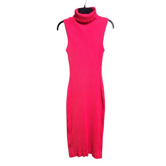 Milly Ribbed Bodycon Turtleneck Midi Dress Size XS Hot Pink - Picture 1 of 6